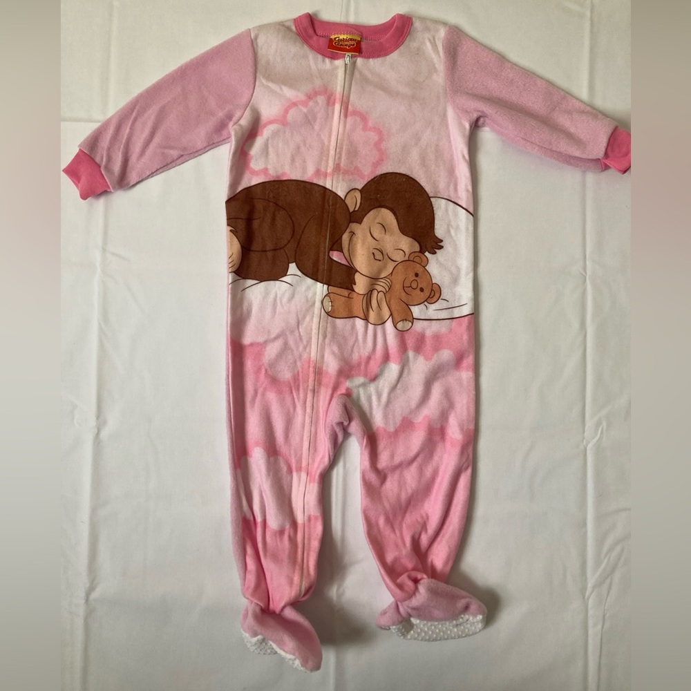 Vintage curious George one piece footie pajamas zip up size 18 Months Girls Pink